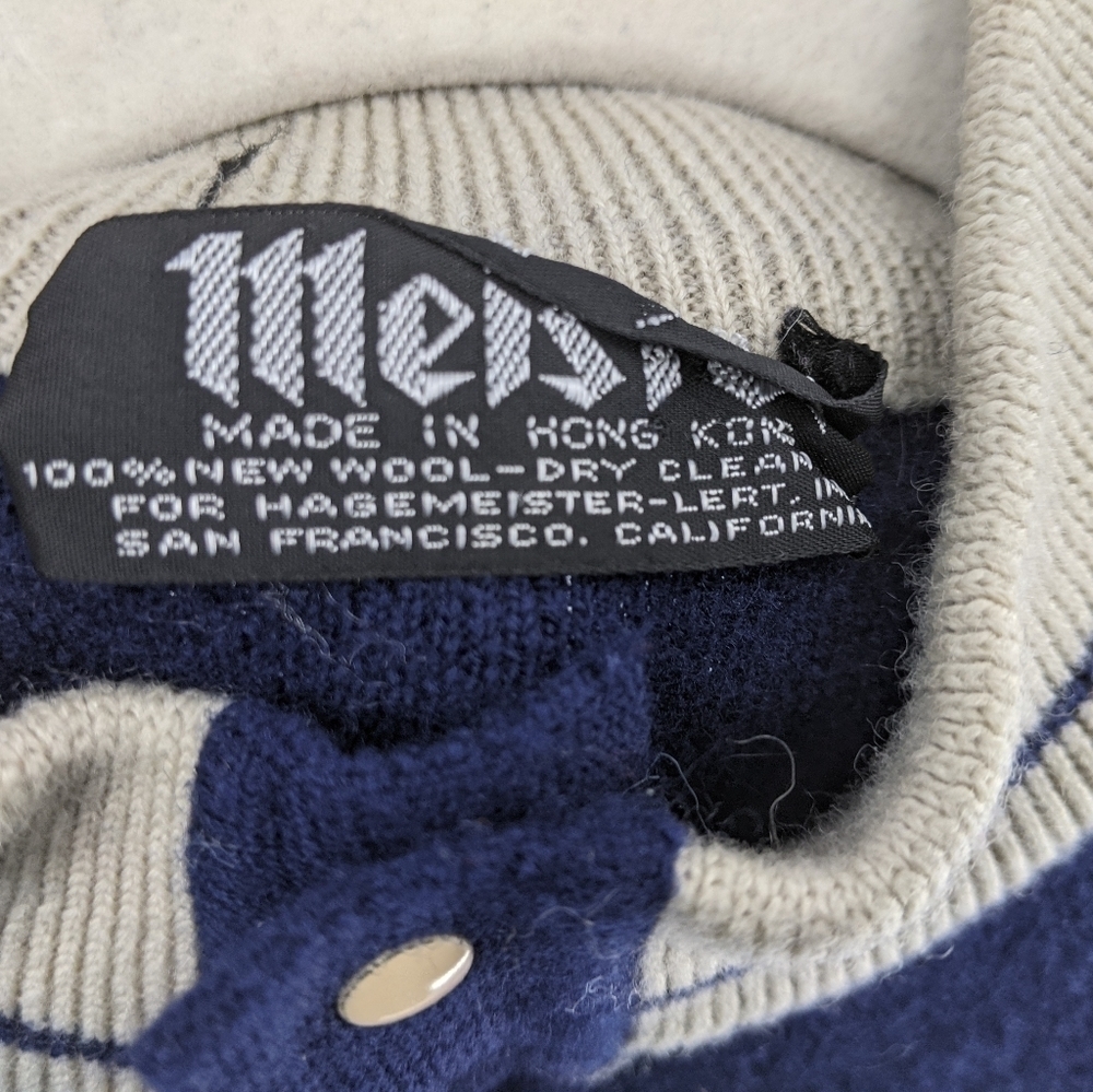 VTG MEISTER 100% New Wool Sweater Pullover Partial Button Navy Blue & Tan L - Picture 3 of 12
